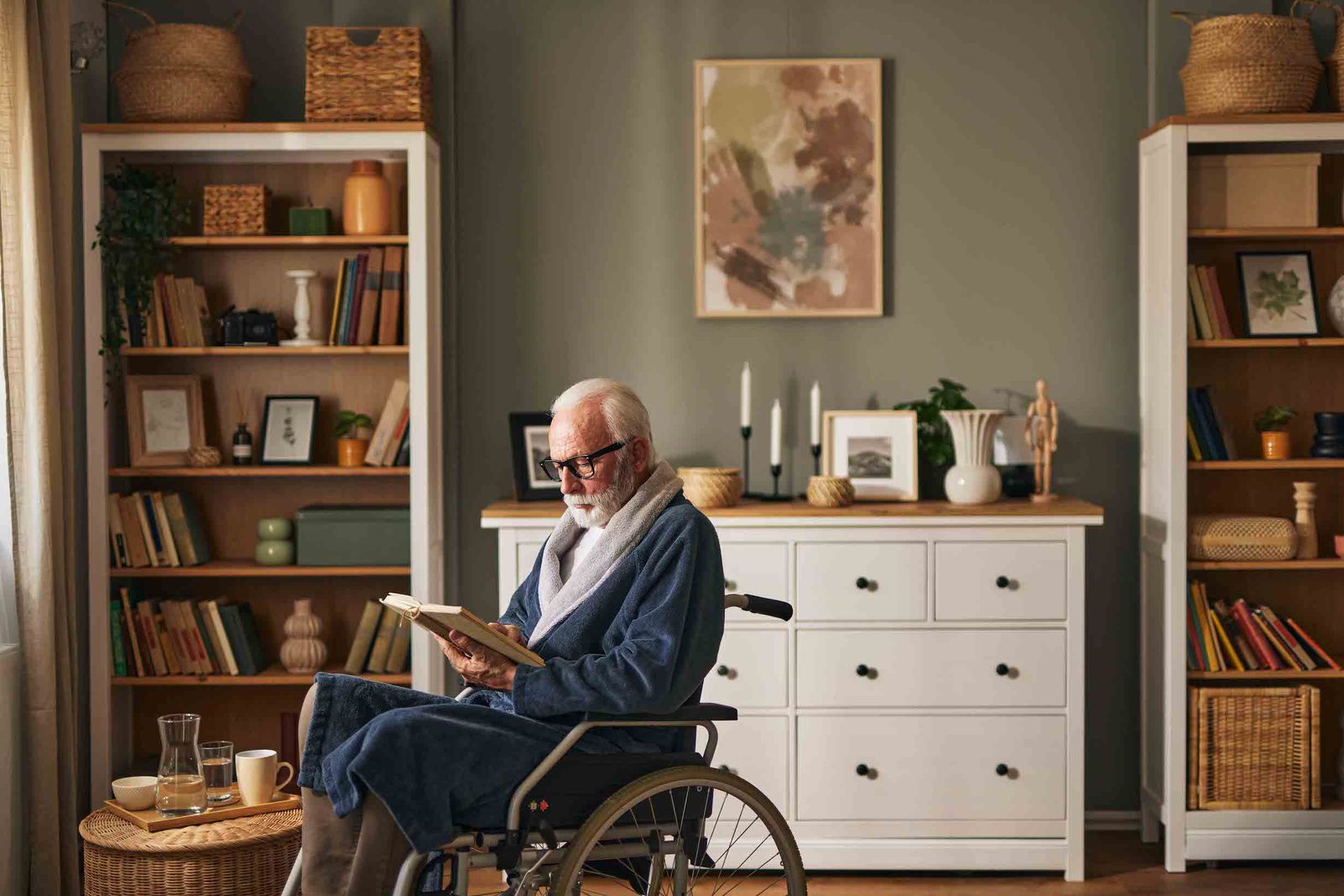 man in wheelchair reading book at home